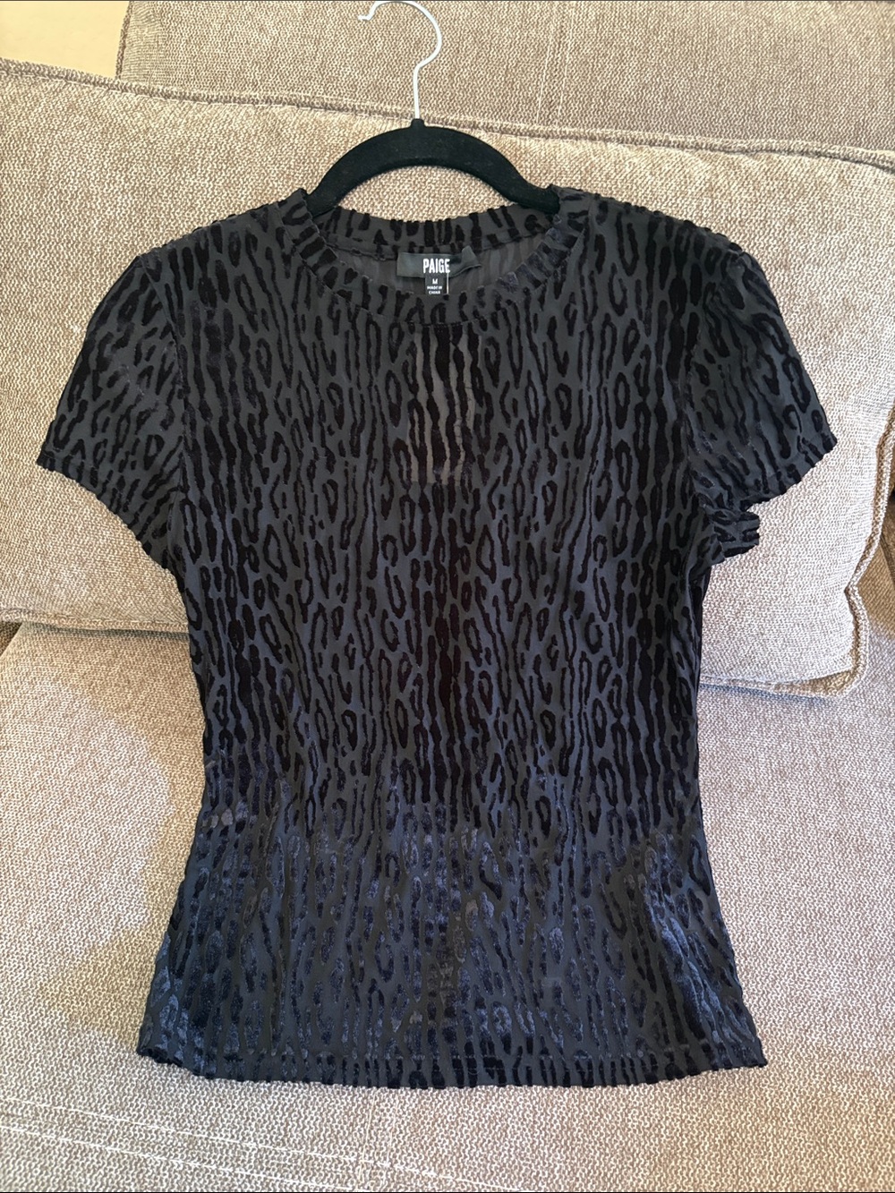 PAIGE Black Sheer Animal-Texture Short Sleeve Top